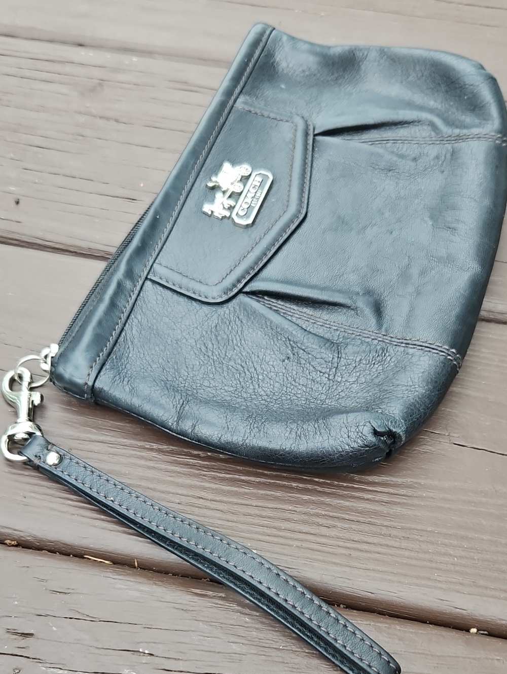 Coach Black Leather Wristlet with Silver Logo
